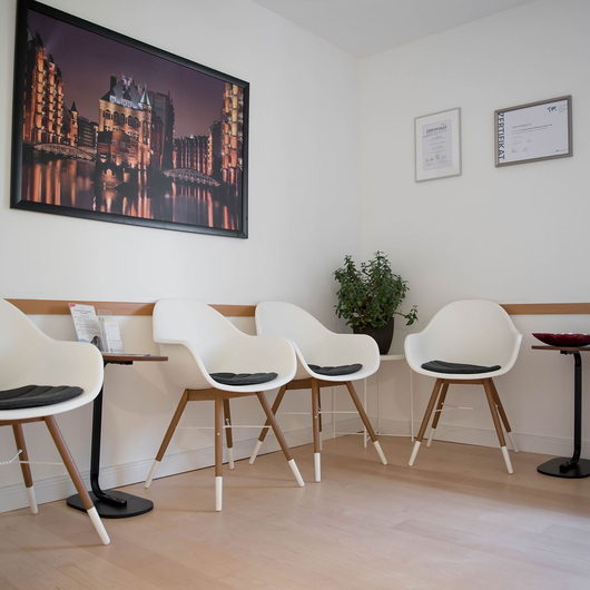 Das Wartezimmer mit fünf modernen weißen Stühlen mit Holzbeinen, einem kleinen Tisch mit Broschüren, einer Topfpflanze, gerahmten Urkunden und einem großen Foto einer Stadtlandschaft an der Wand.